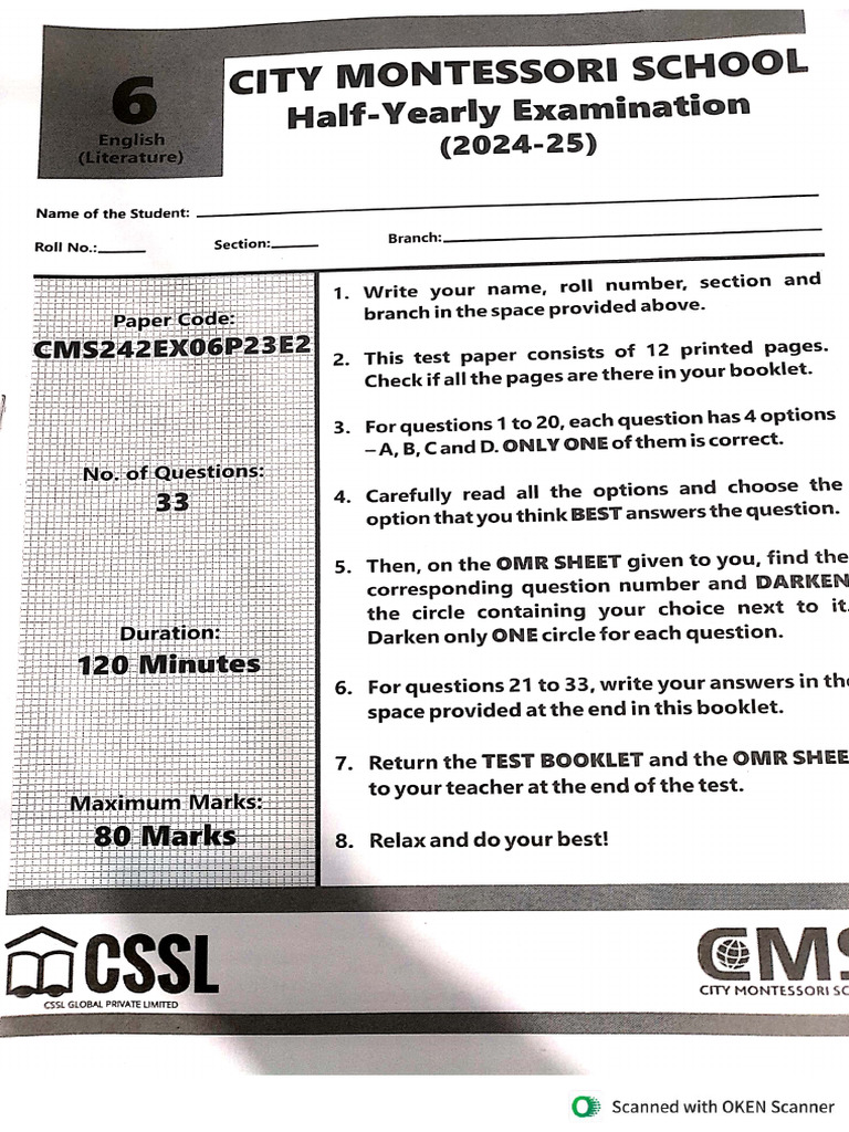 Class Vi Half Yearly Exam Papers (2024-25) | PDF