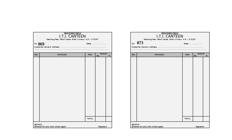 Canteen Bill Format Template | PDF