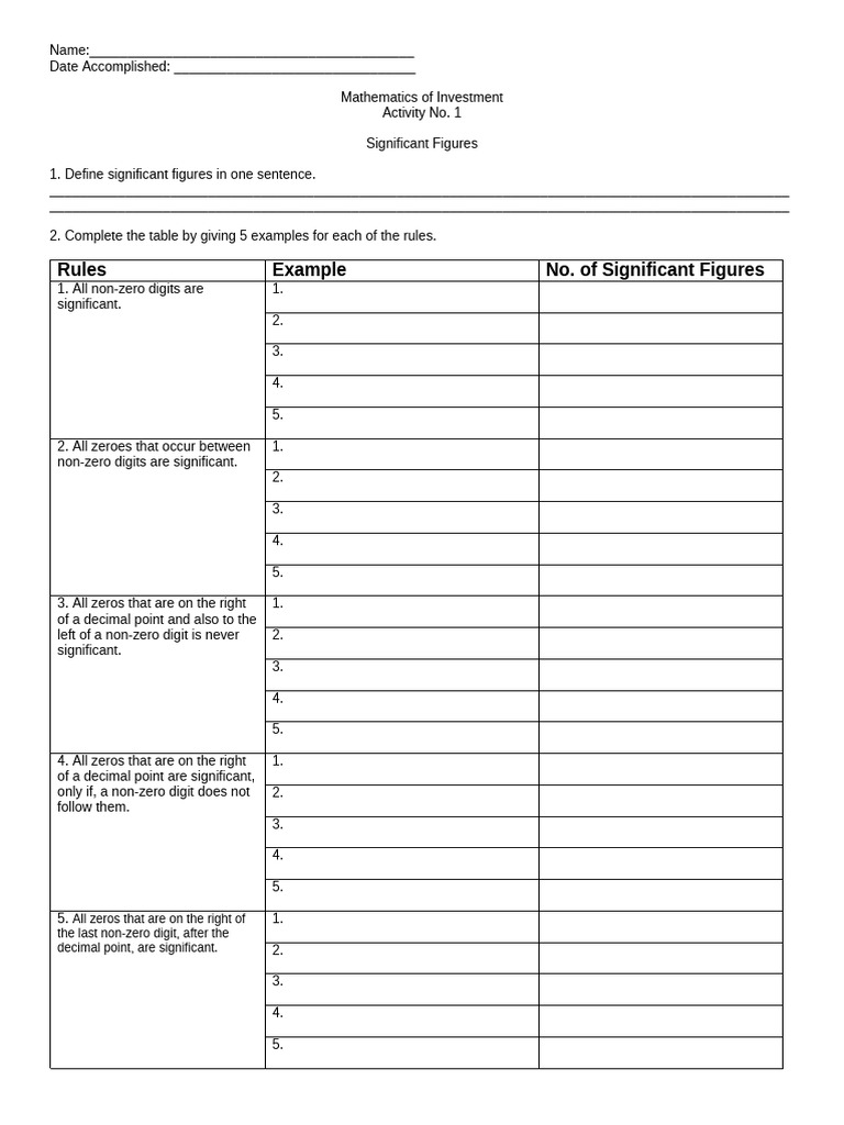 Activity 1 Significant Figures | PDF | Numbers | Significant Figures