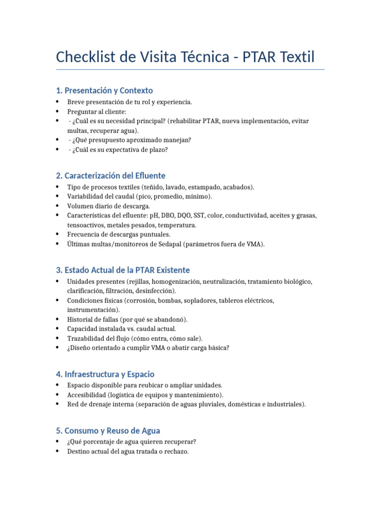 Checklist para Visita Técnica PTAR Textil | PDF | Agua