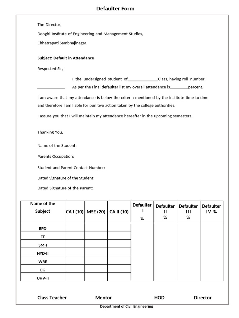 Attendance Defaulter Notification Form | PDF