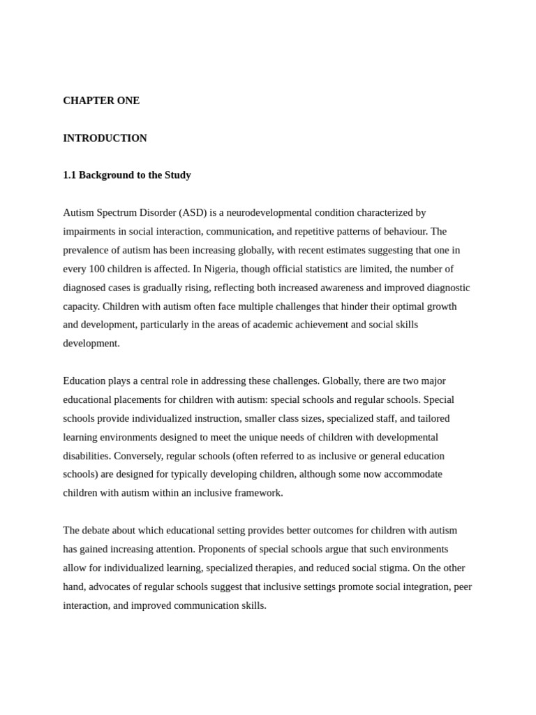 Mse Project Chapter One | PDF | Special Education | Autism