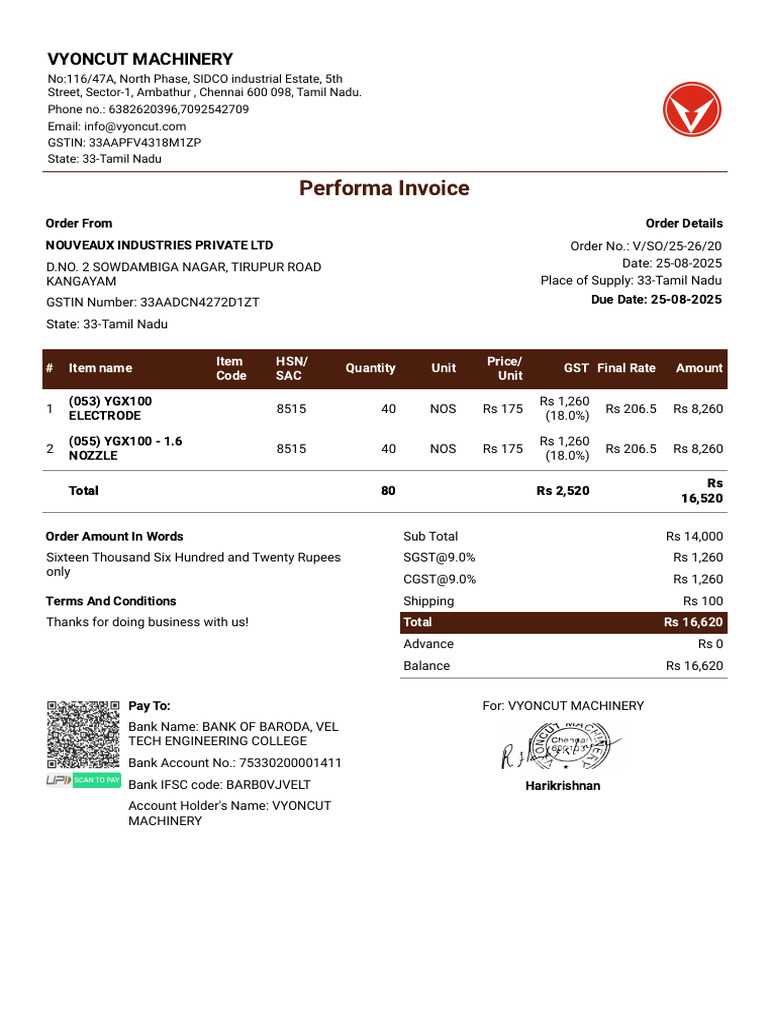 VYONCUT Machinery Performa Invoice | PDF