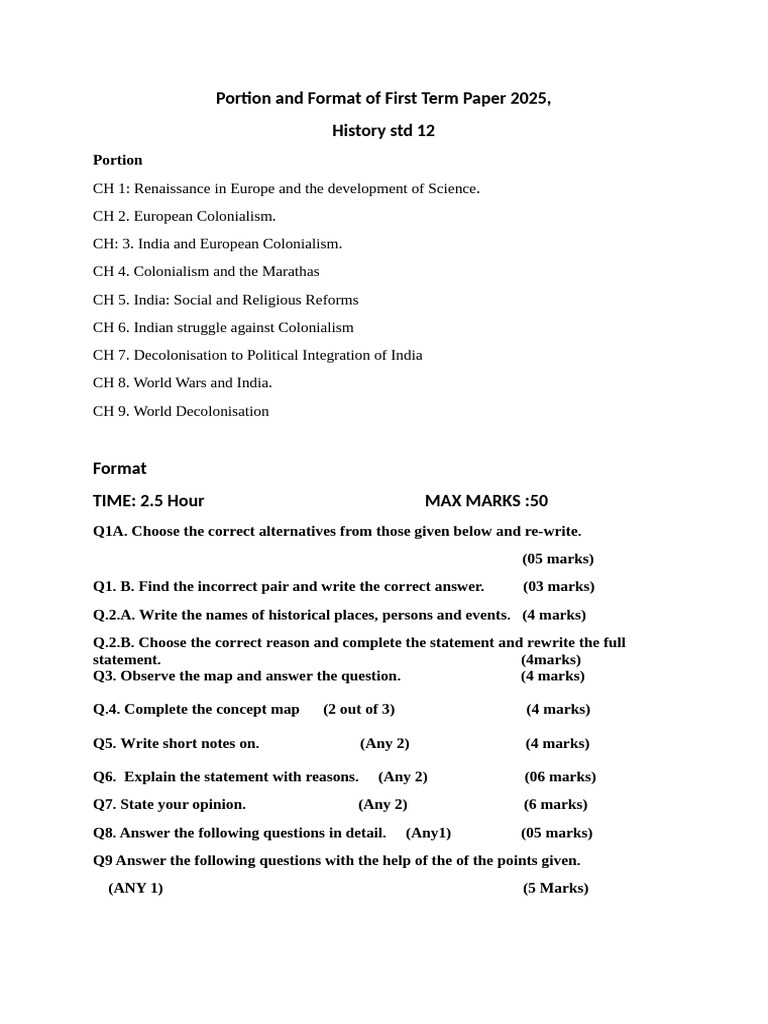 History Std 12 First Term Paper 2025 | PDF