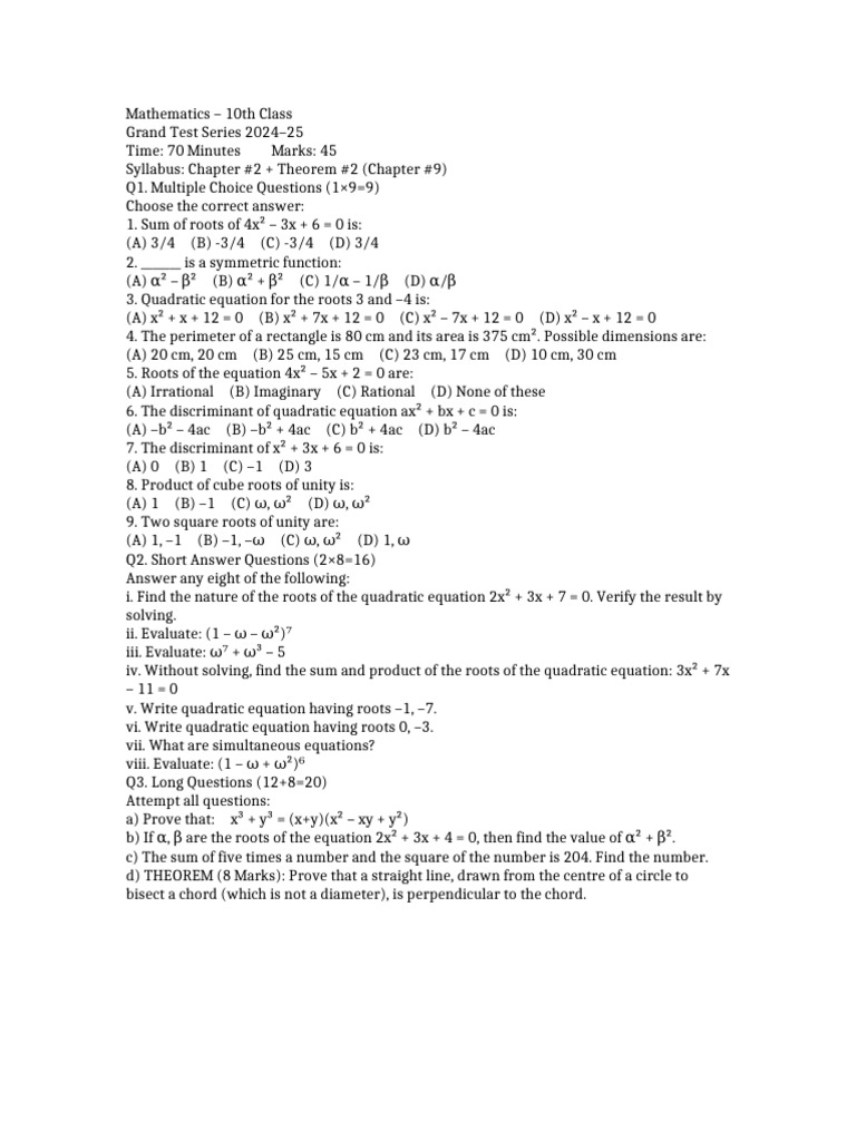 10th Class Math Grand Test 2024-25 | PDF