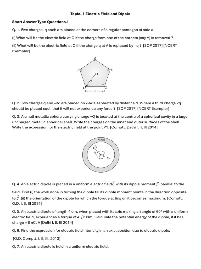 Electric Charges and Fields PYQ (1) 2025 | PDF | Electric Field | Dipole