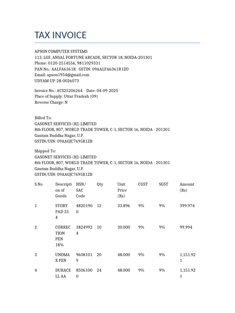 Tax Invoice for GASONET Services | PDF