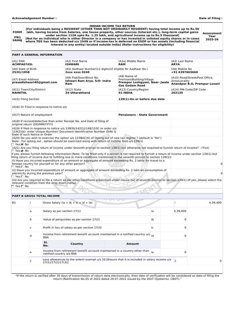 ITR1 Income Tax Return for 2025-26 | PDF | Personal Finance | Money
