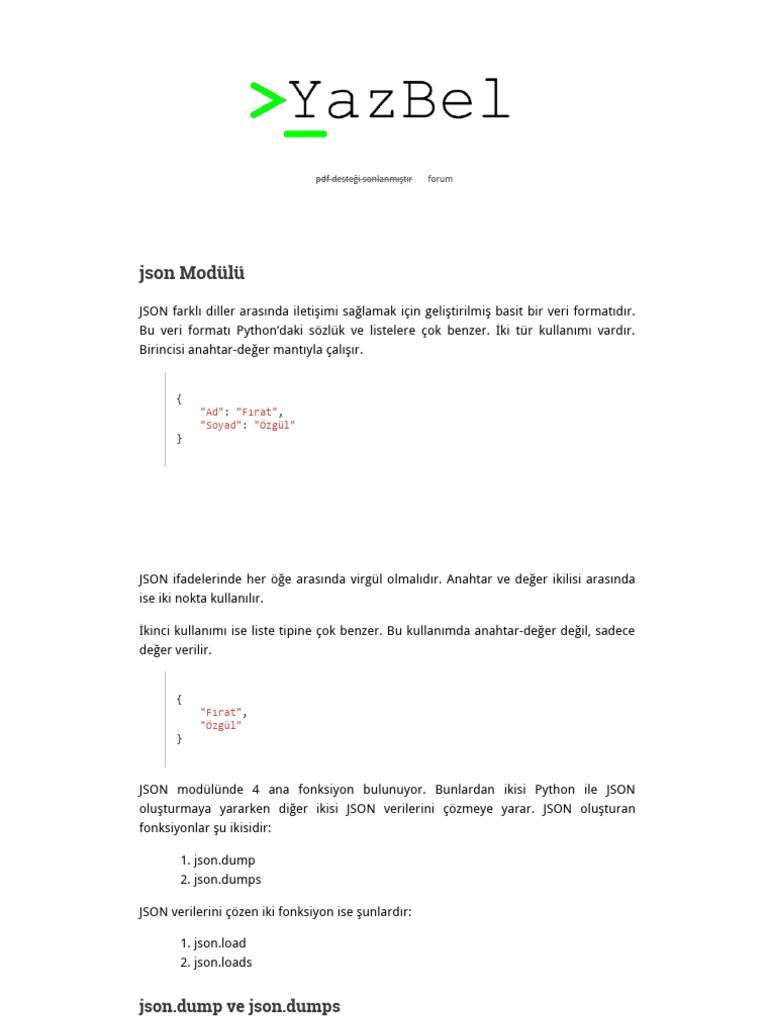 Json Modülü - Python 3 Için Türkçe Kılavuz | PDF