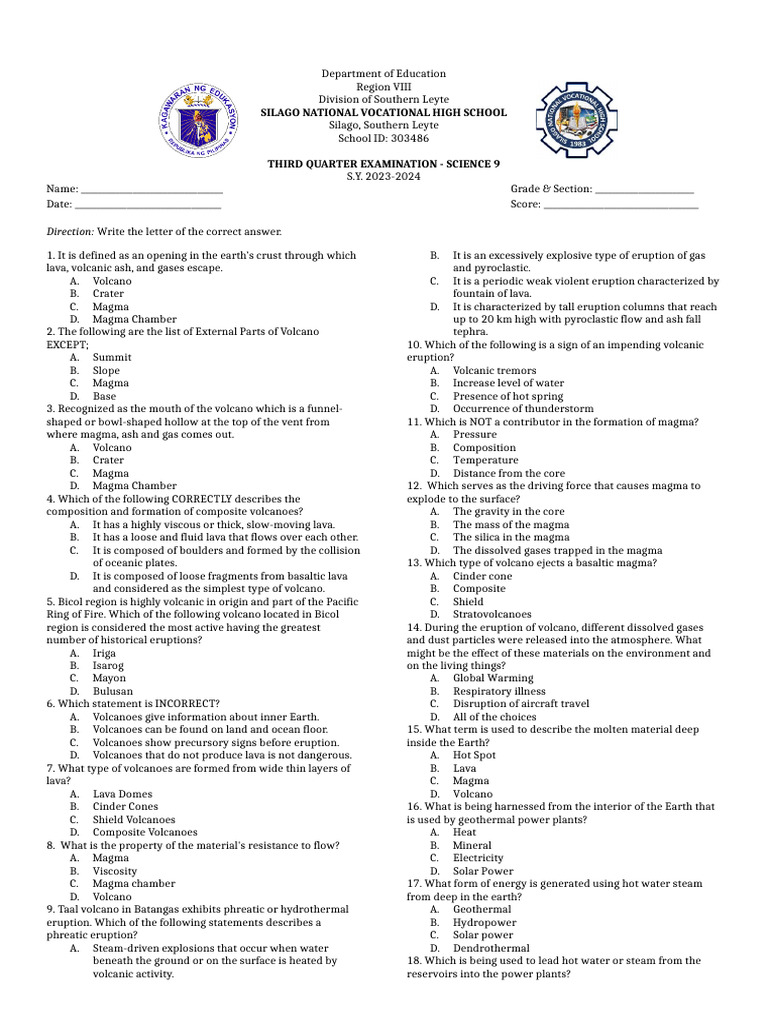 Third Quarter Examination in Science 9 TO PRINT | PDF | Volcano | Lava