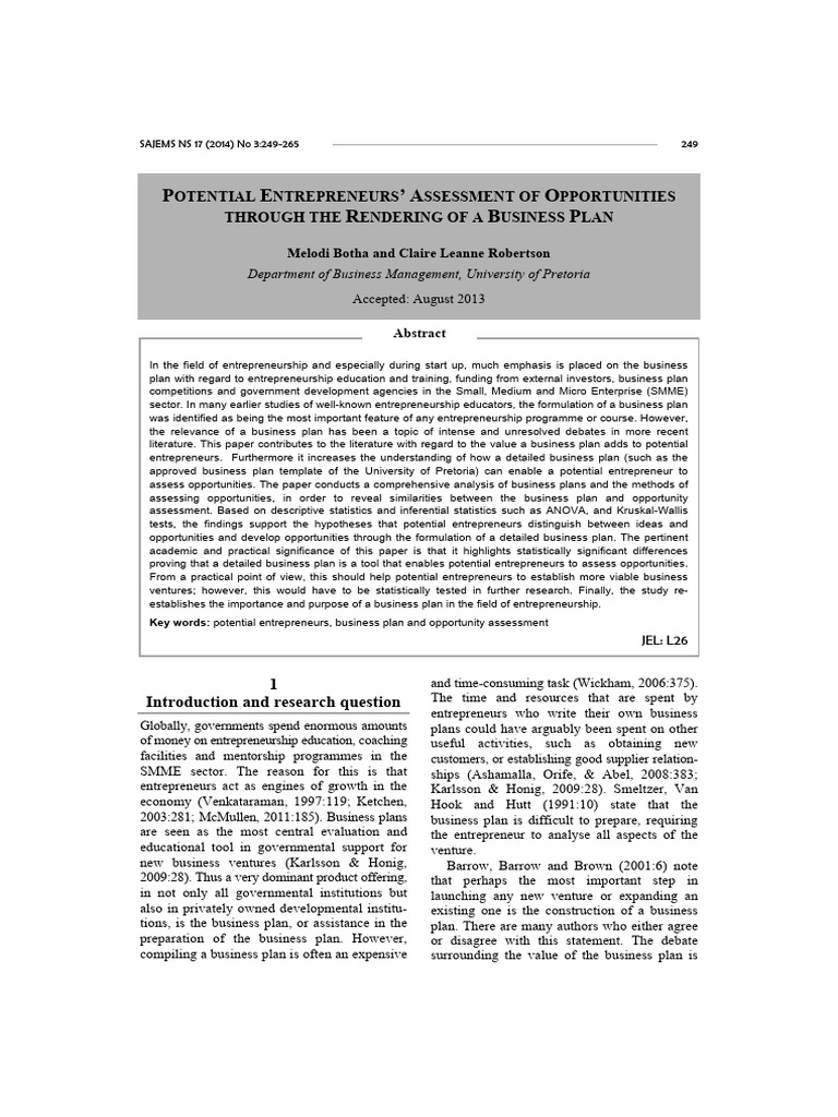 Business Plans and Opportunity Assessment | PDF | Entrepreneurship ...