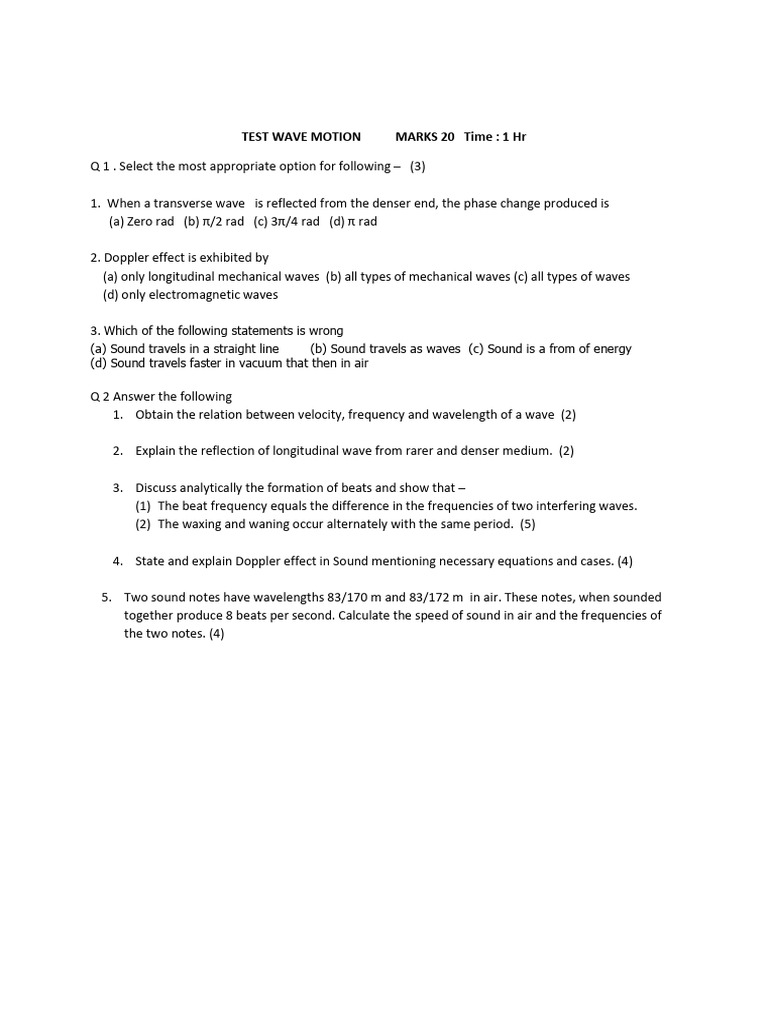 Wave Motion Test Questions and Answers | PDF