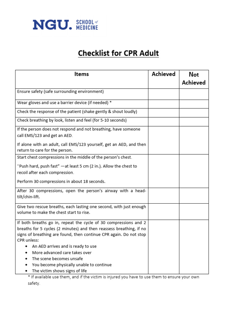 CPR Adult Checklist | PDF