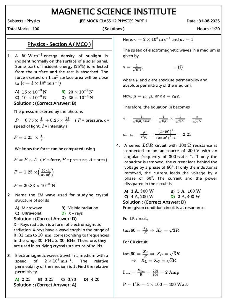 JEE Class 12 Physics Mock Exam Solutions | PDF | Electromagnetic ...