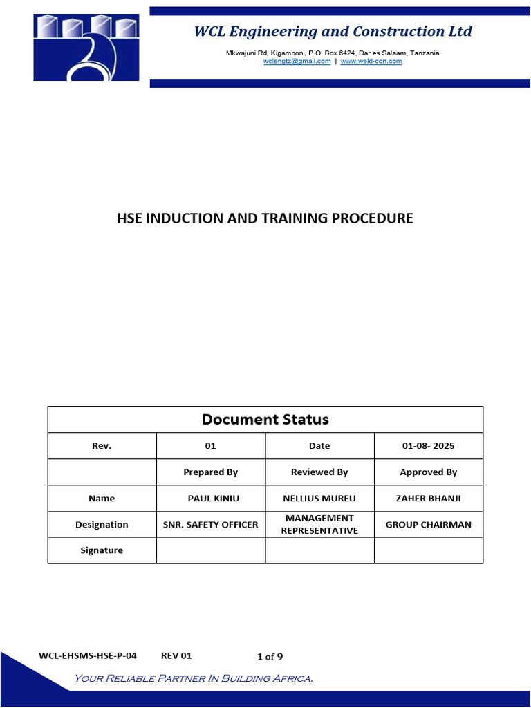 HSE Induction and Training Procedure | PDF | Occupational Safety And ...