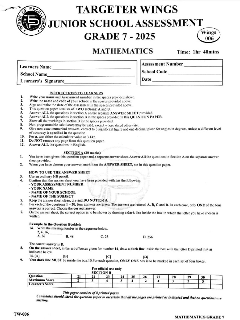Grade 7 006 Targeter All Subjects With Marking Scheme PDF | PDF