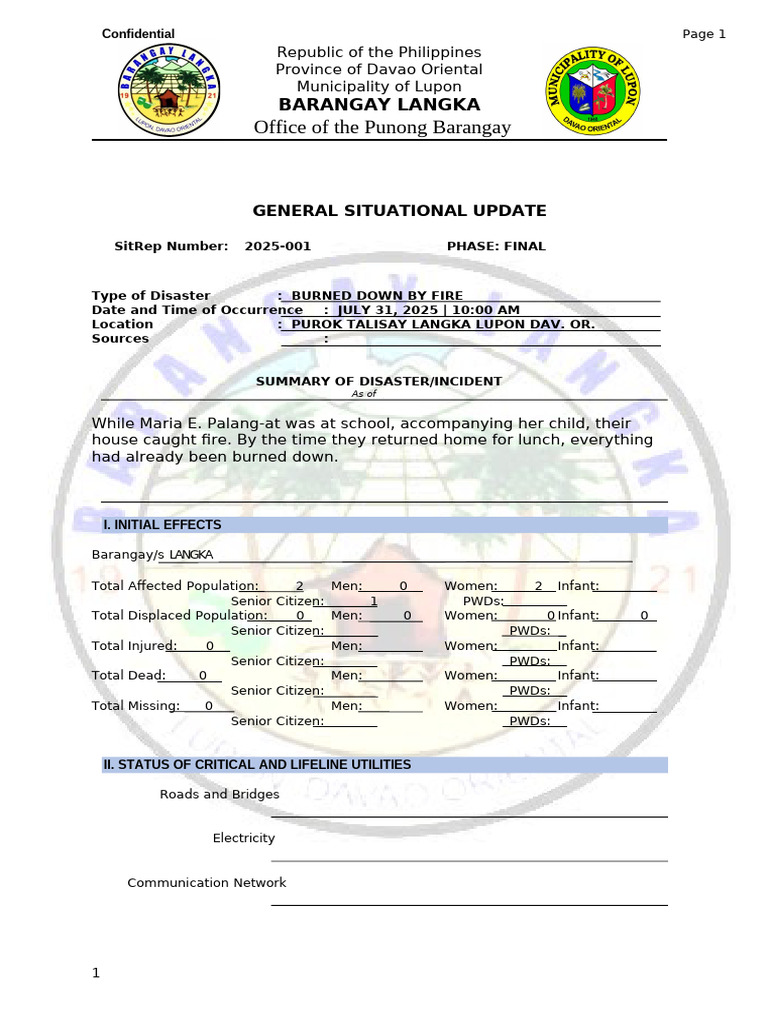 SitRep-BARANGAY LANGKA 2025 | PDF | Natural Hazards | Natural Disasters