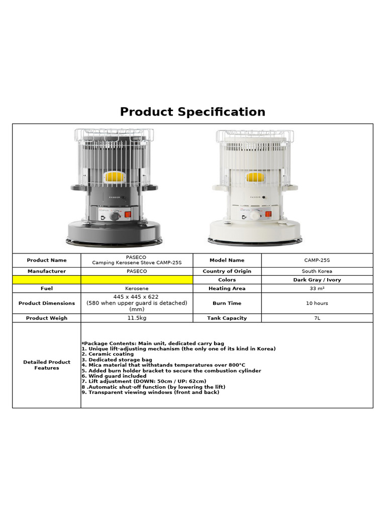 PASECO Camping Kerosene Stove CAMP-25 Product Specification | PDF