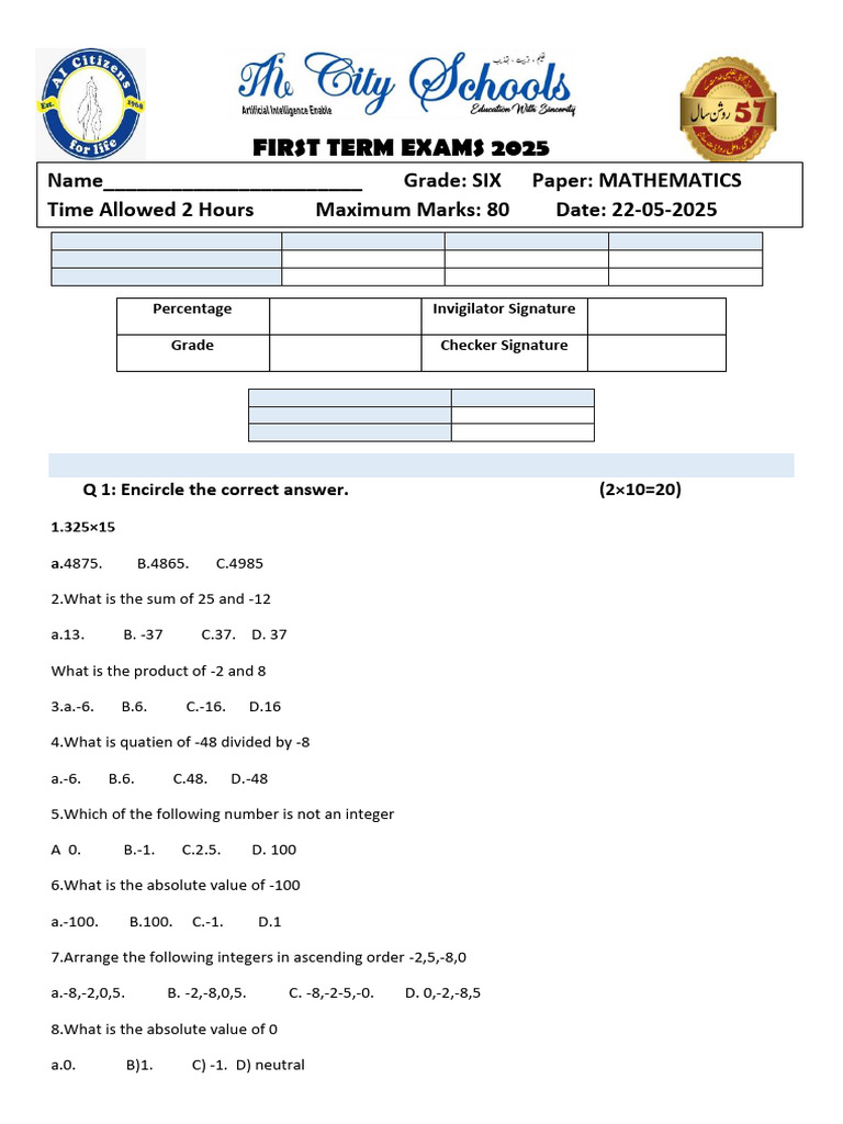 First Term Exams 2025: Mathematics Paper | PDF | Factorization ...