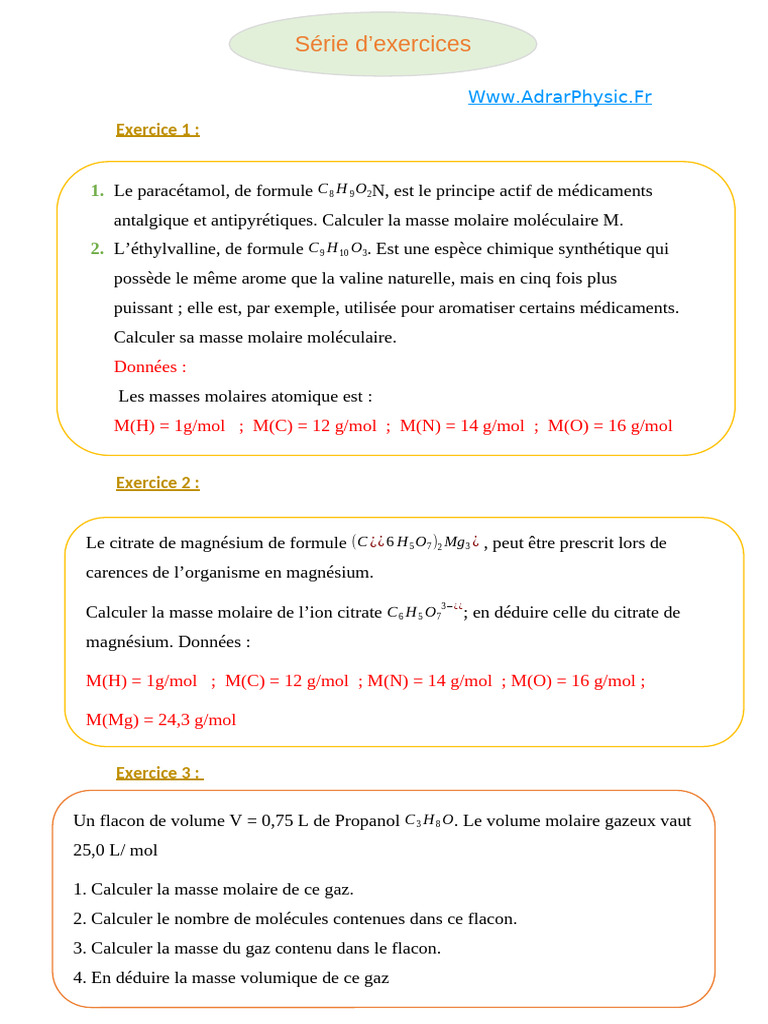 Calculs de Masse Molaire et Gaz | PDF | Mole (unité) | Grandeur physique