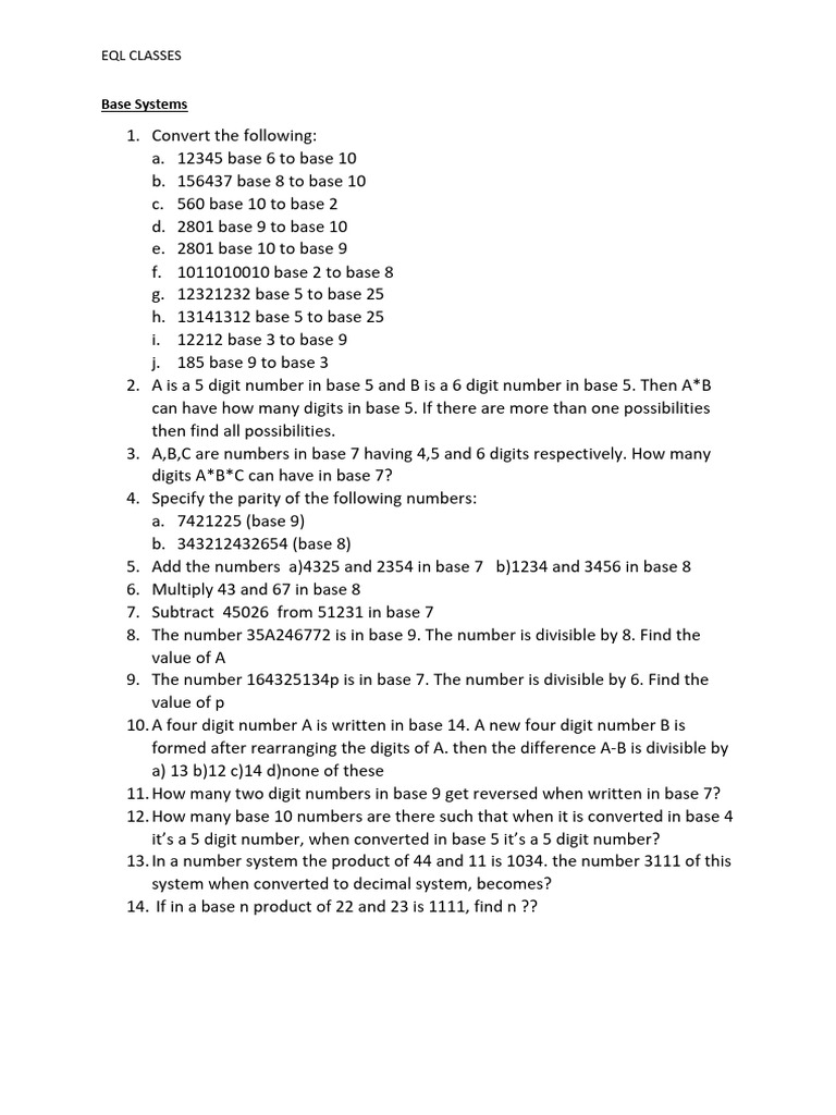 Base Conversion and Arithmetic Problems | PDF
