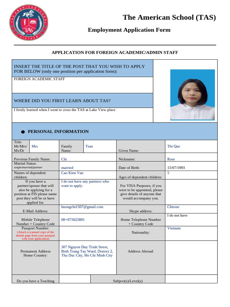 TAS Employment Application Form | PDF