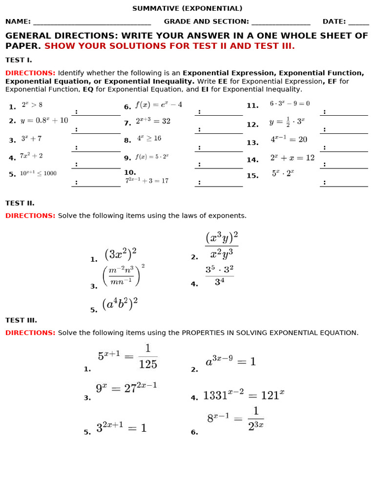 Exponential Expressions and Equations Test | PDF