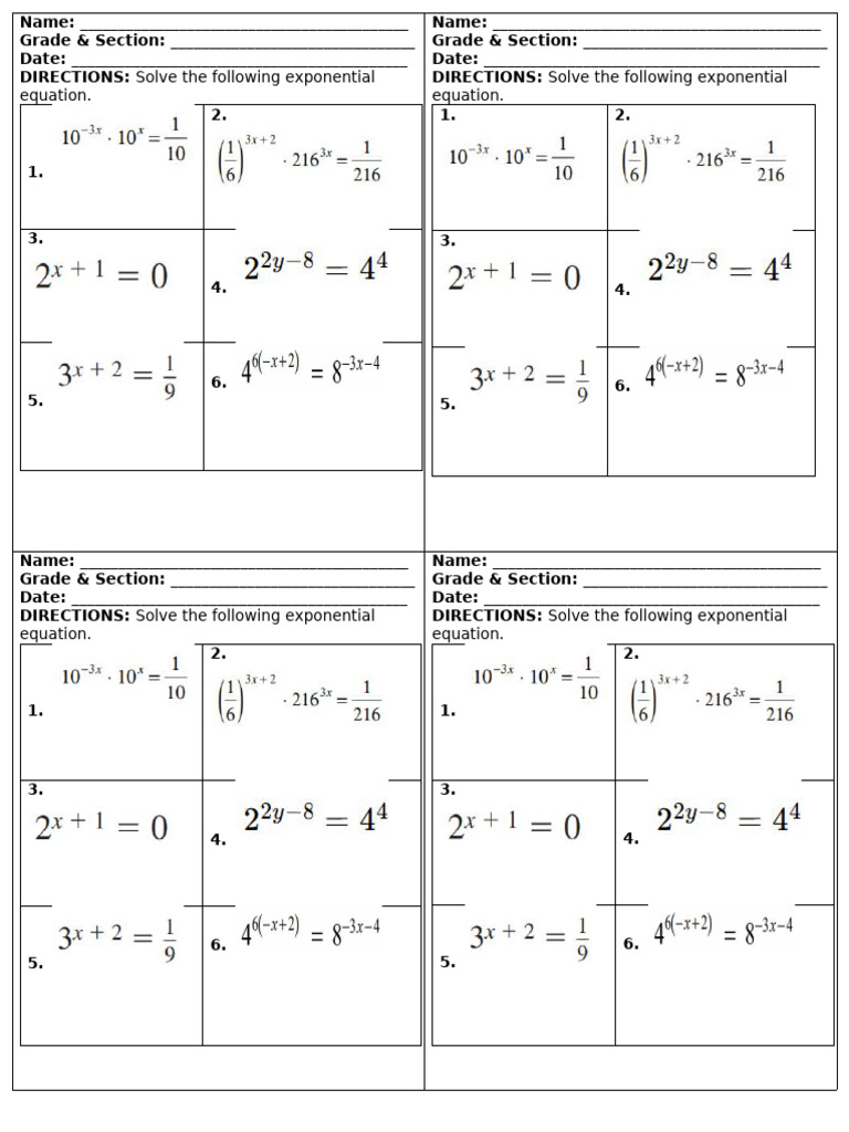 Exponential Equation Worksheet | PDF
