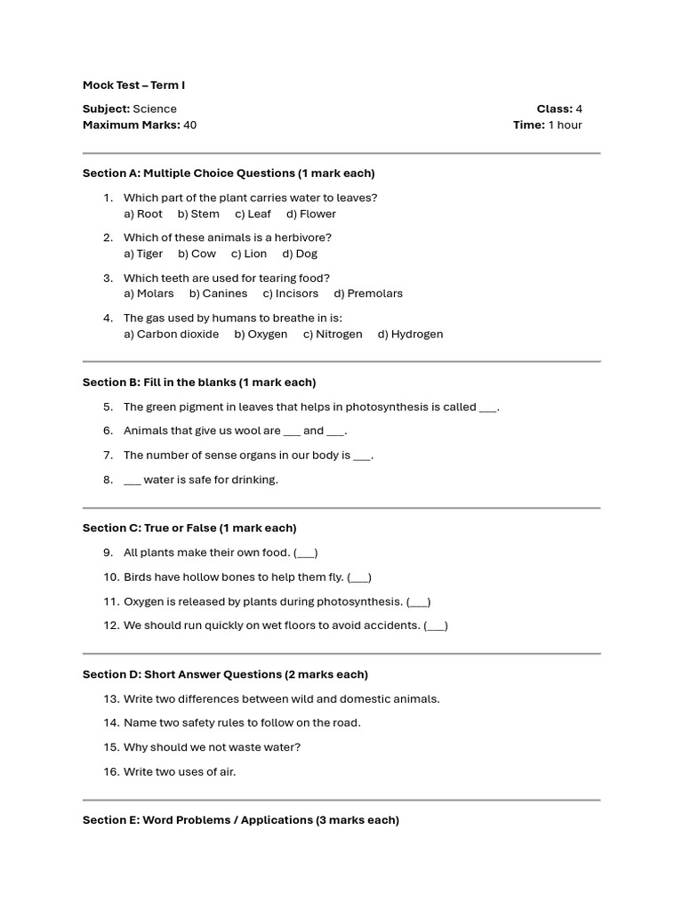 Mock Test Grade 4 EVS | PDF