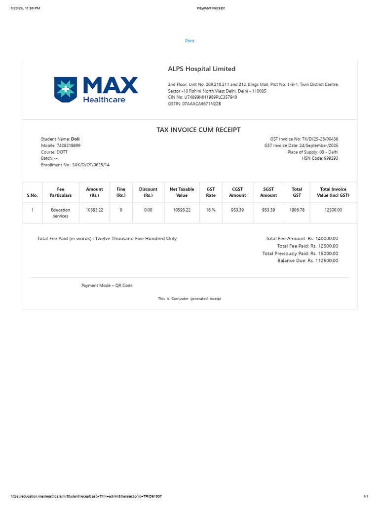 Tax Invoice and Receipt for DOTT Course | PDF | Money | Public Finance