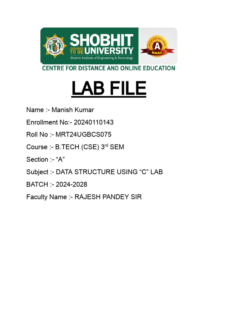 Data Structure Lab Report - Manish Kumar | PDF