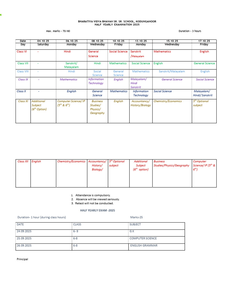 Half Yearly Exam Schedule 2025 | PDF | Science