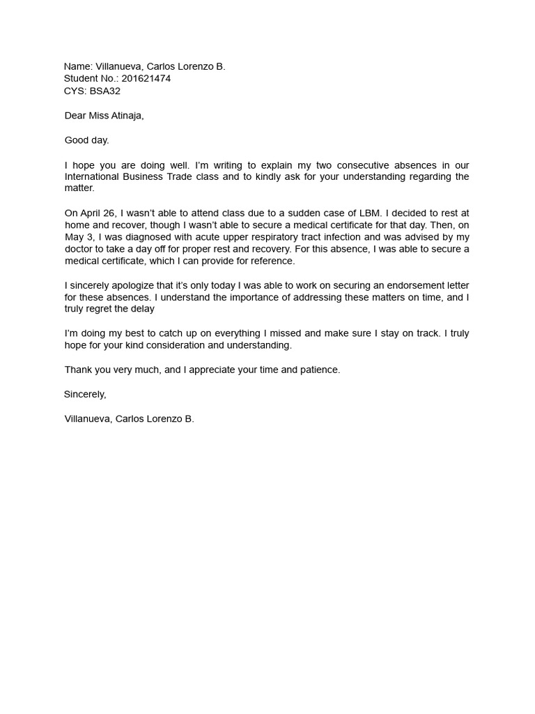 Absence Explanation for Class Attendance | PDF