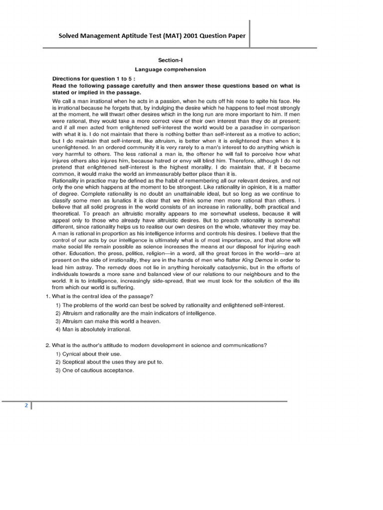 MAT 2001 Solved Question Paper | PDF | Tests | Data Collection