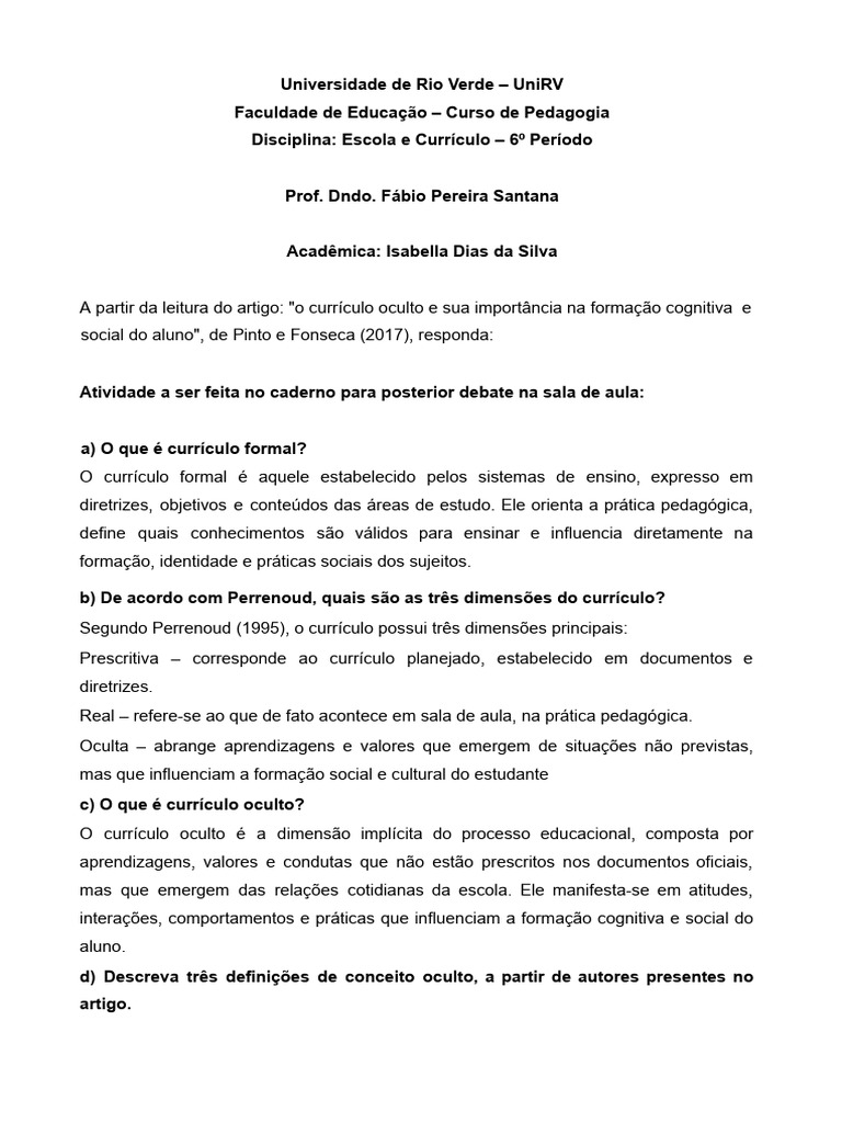 Currículo Oculto na Educação Escolar | PDF | Pedagogia | Aprendizado