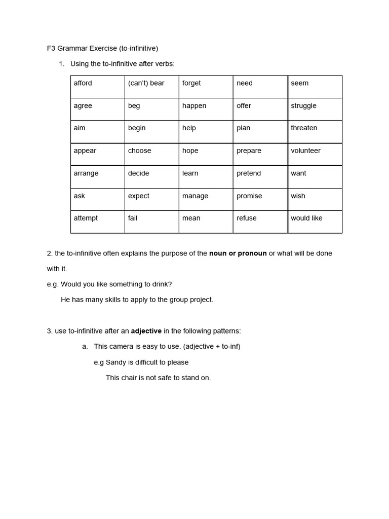 F3 Grammar: To-Infinitive Exercises | PDF | Verb | Adjective