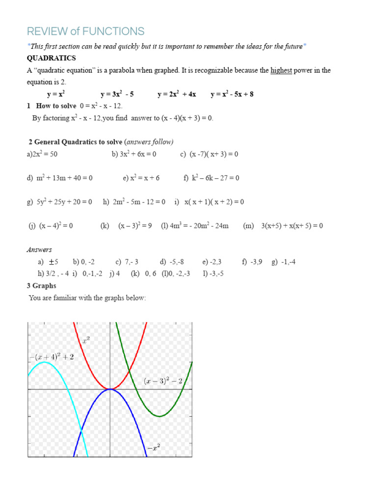 Functions and Quadratics Overview | PDF | Function (Mathematics ...