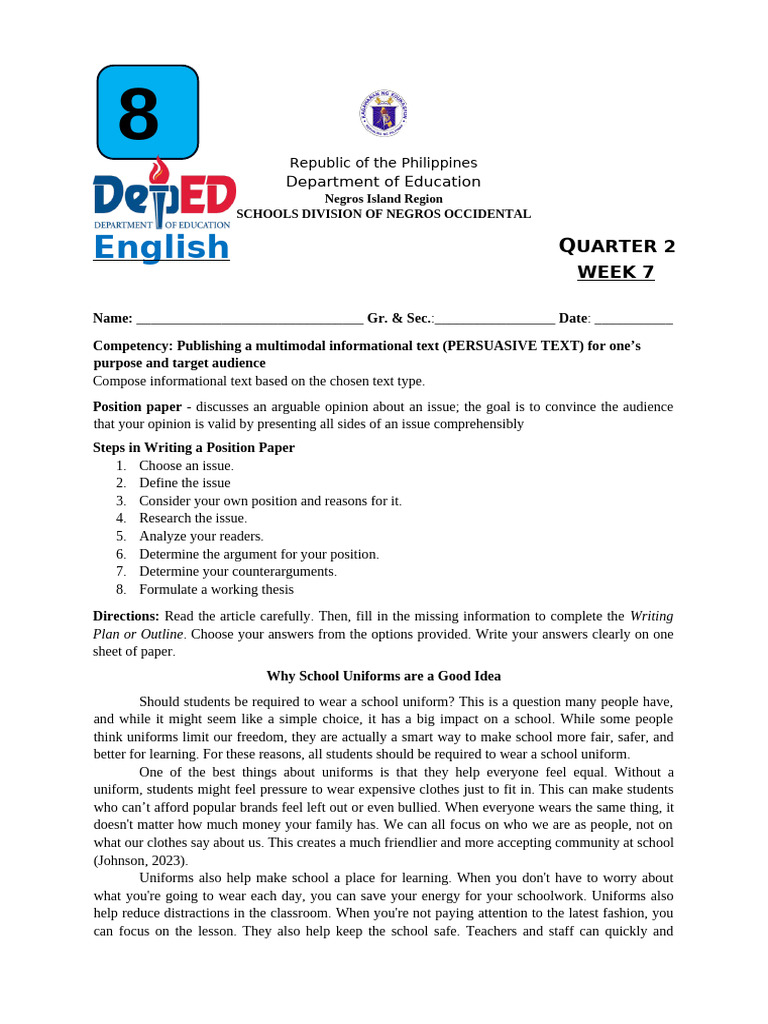 ELK ENGLISH Grade 8 - Q2 - Week 7 - QA | PDF | Classroom