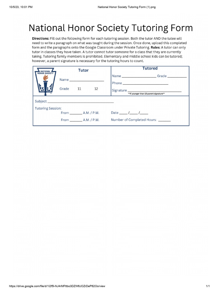 National Honor Society Tutoring Form | PDF