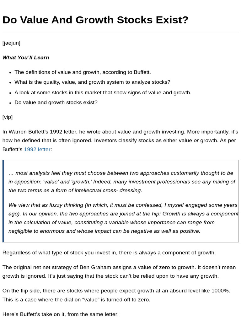Value and Growth Stocks Analysis | PDF | Investing | Stocks