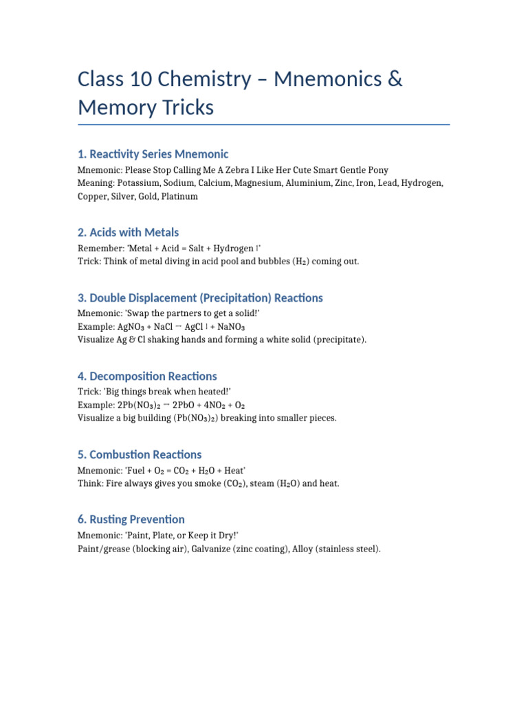 Class 10 Reactivity Series Mnemonics | PDF