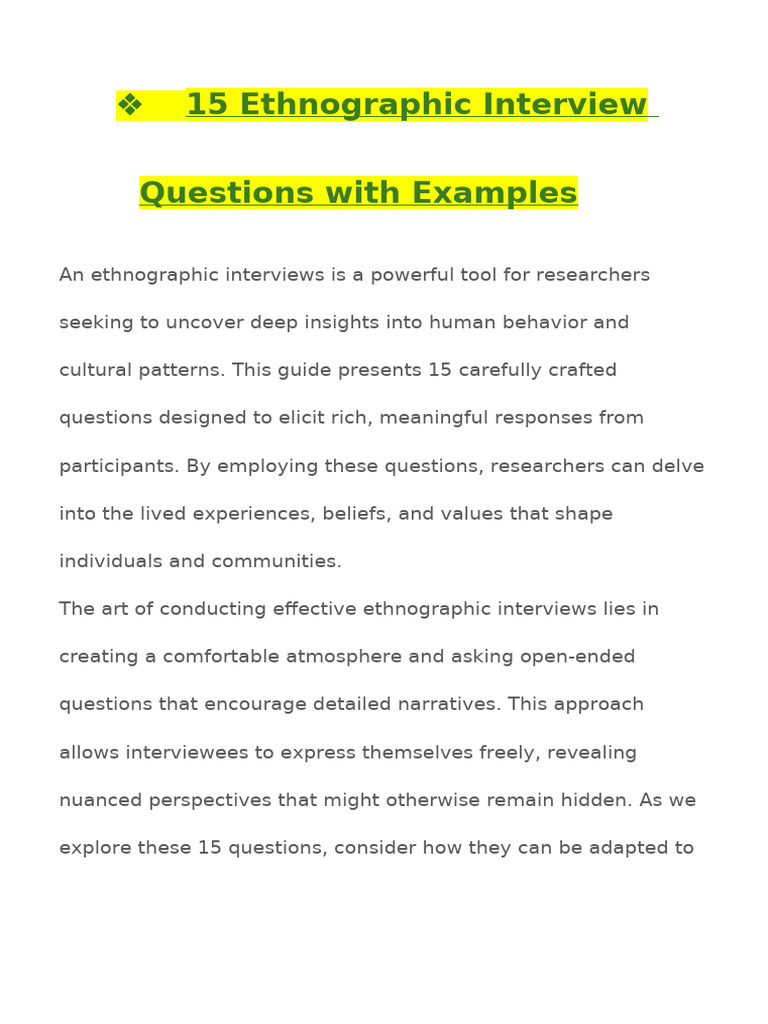 15 Ethnographic Interview Questions With Examples | PDF | Ethnography ...