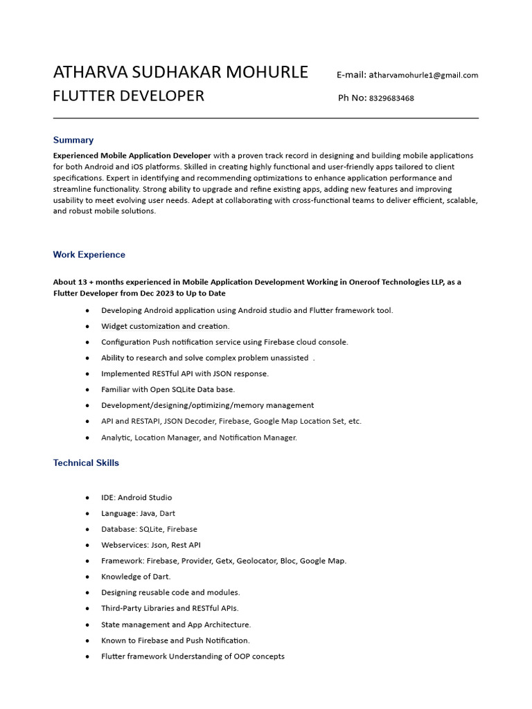 Flutter Developer Resume Summary | PDF | Mobile App | Android ...