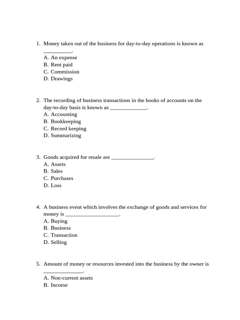 Accounting Basics Quiz Questions | PDF | Debits And Credits | Business