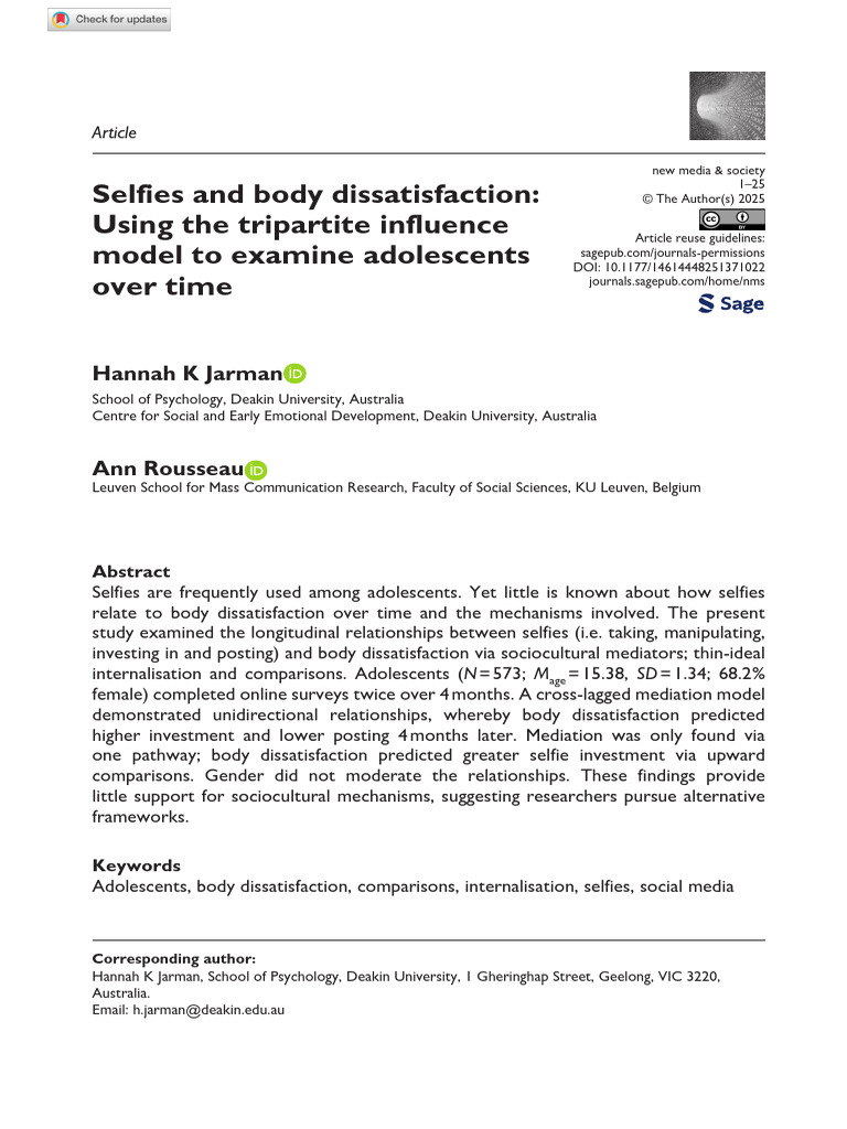 Jarman Rousseau 2025 Selfies and Body Dissatisfaction Using The ...