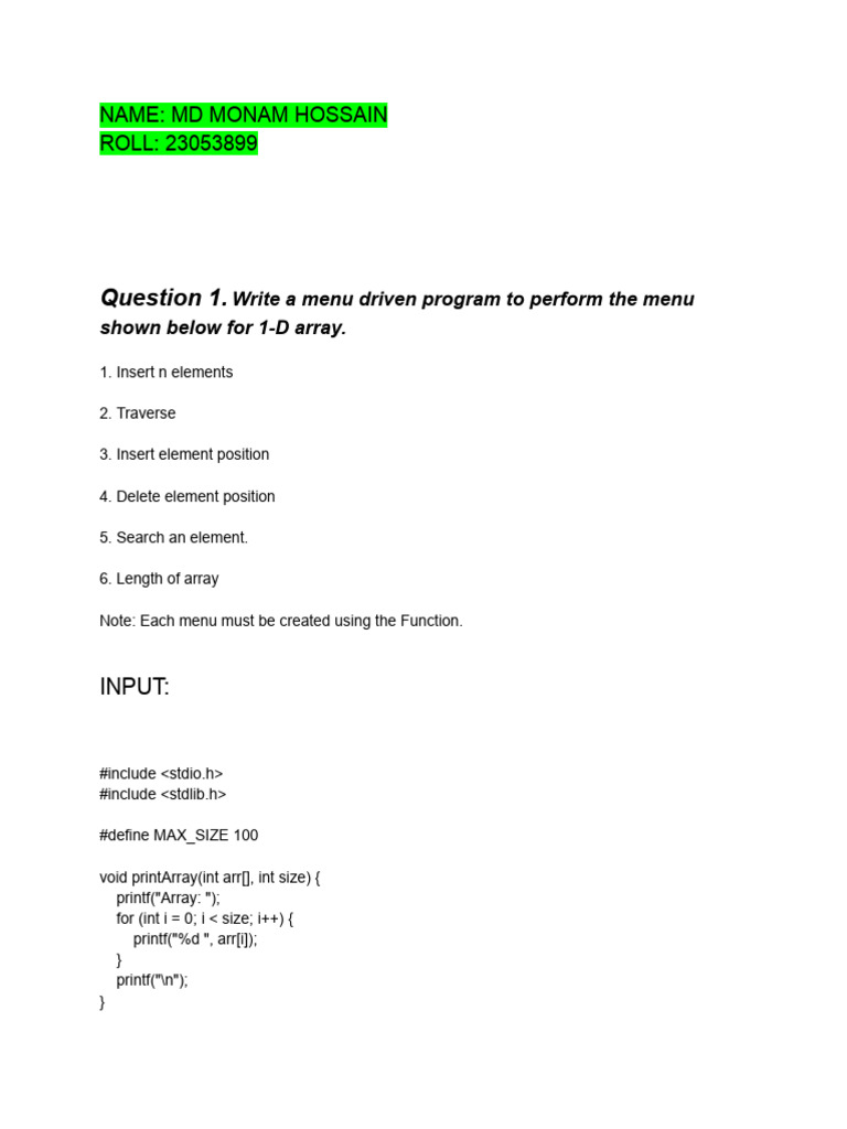 Menu-Driven Array Operations in C | PDF | Computer Science | Computer ...