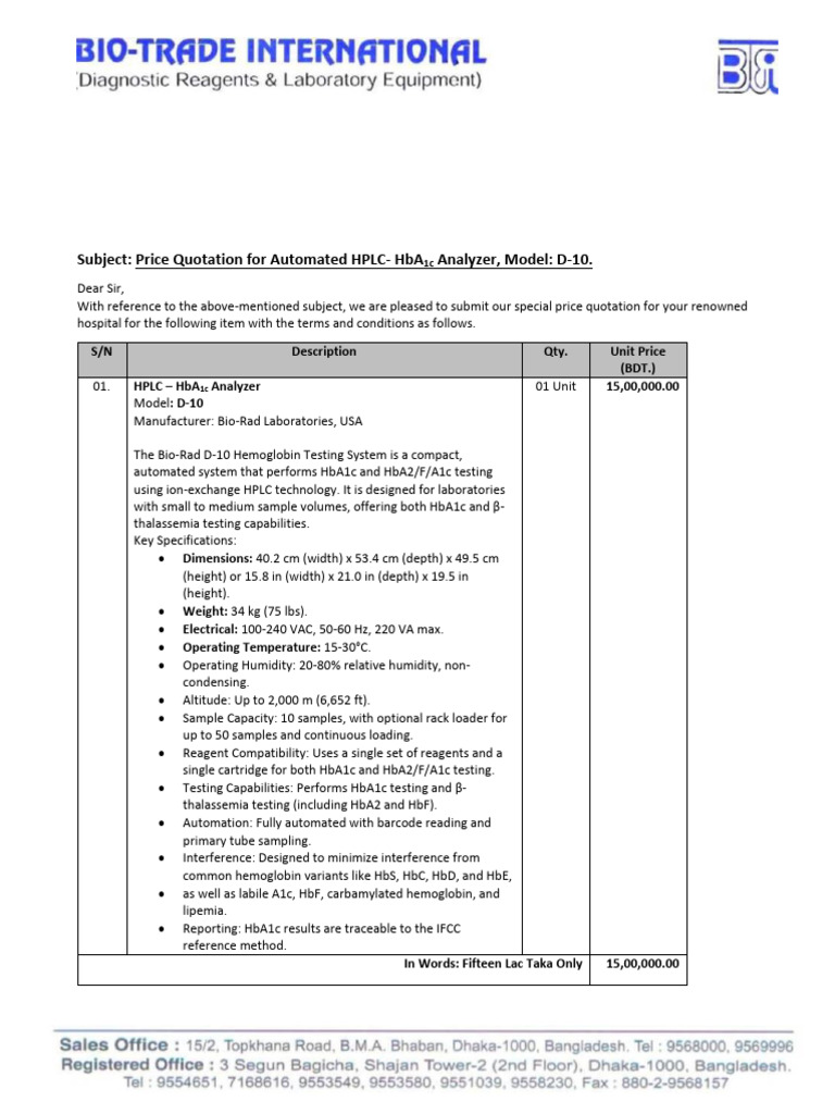 Price Quotation for D-10 Analyzer | PDF | Glycated Hemoglobin | Blood ...
