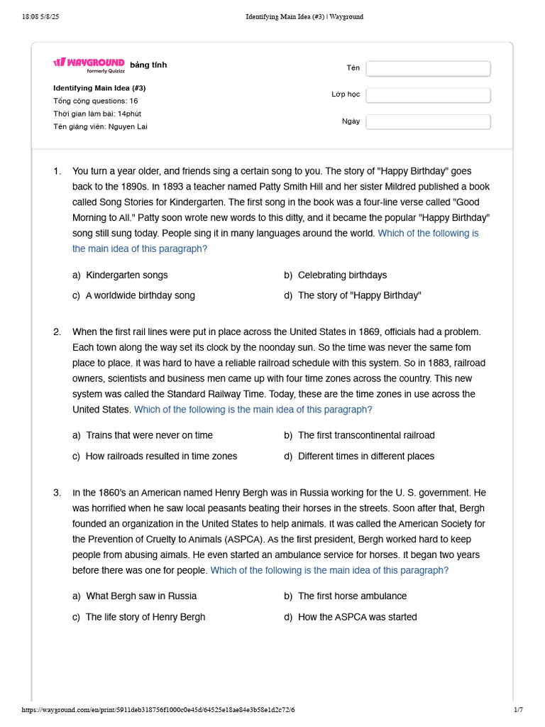 Main Idea Identification Exercises | PDF