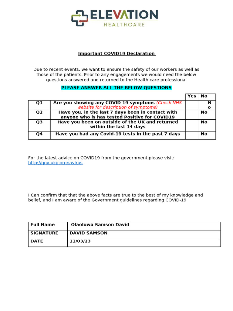 COVID19 Declaration - Elevation Done | PDF