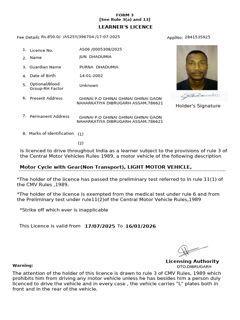 Learner's Licence Form for Motor Vehicles | PDF